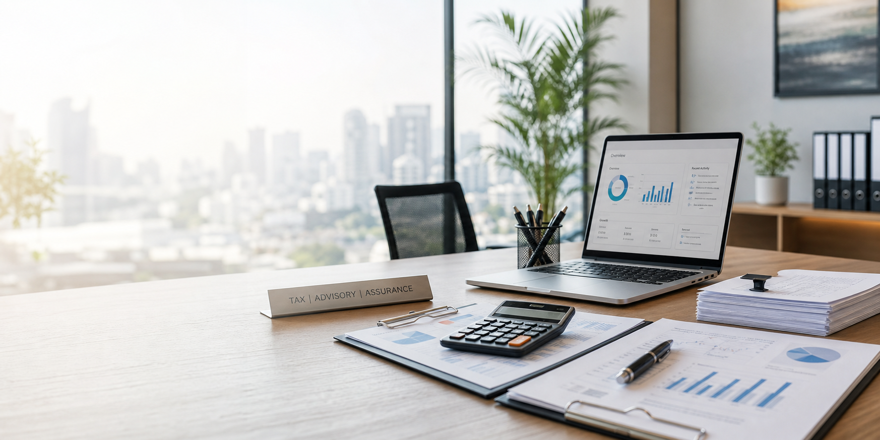 Professional accounting desk with laptop and documents